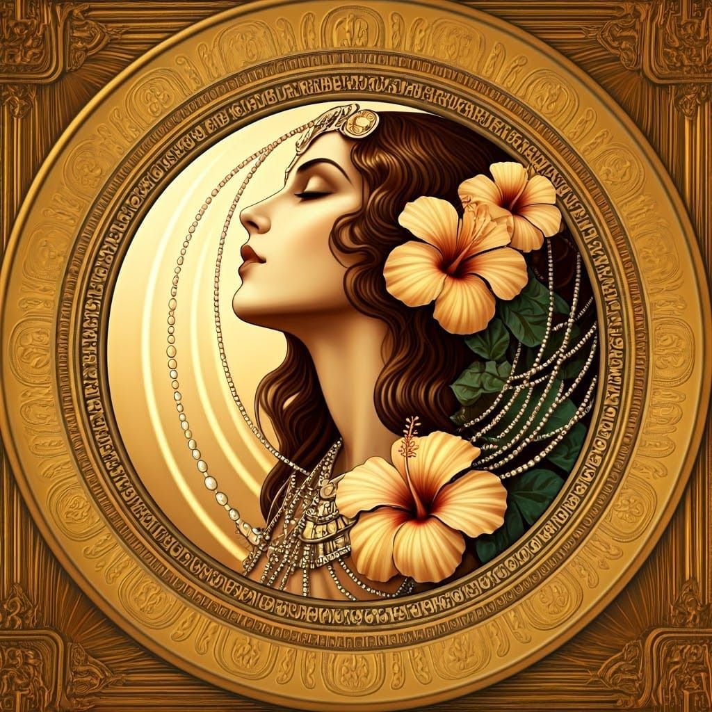 Art Deco Woman Portrait with Flowers and Beads