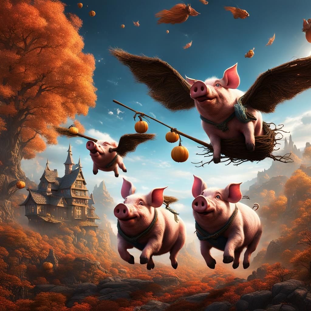 Three Pigs Fly on Broom in Fantasy Art