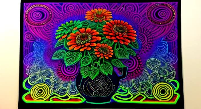 Rusty Robot Zinnias in Flowing Colors, Zentangle Style