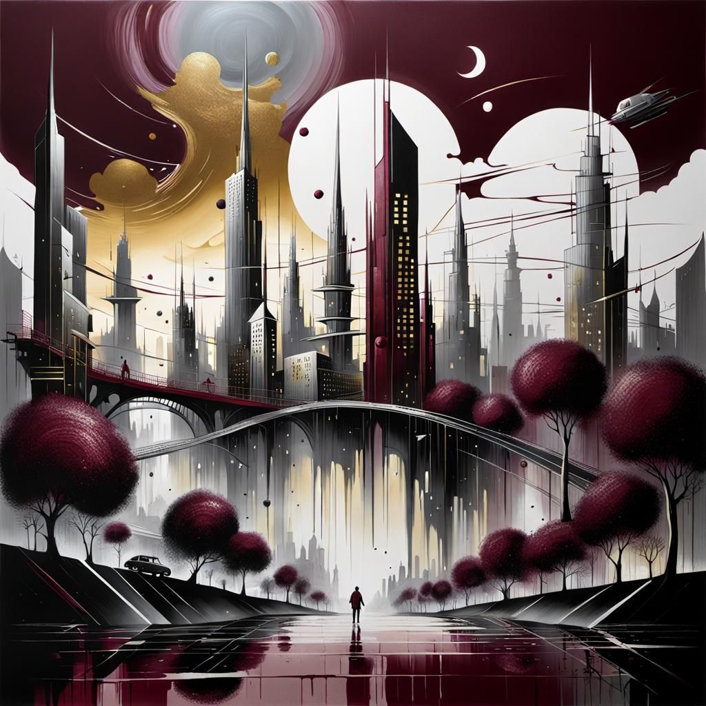 Metallic Futuristic City in Gonzo Illustration Style