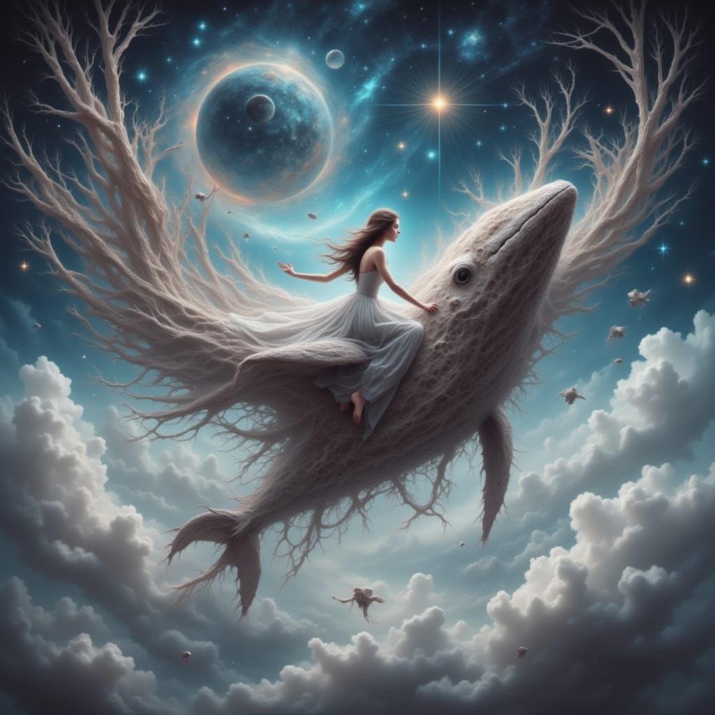 Ghost woman riding a cosmic flying space whale in the clouds...