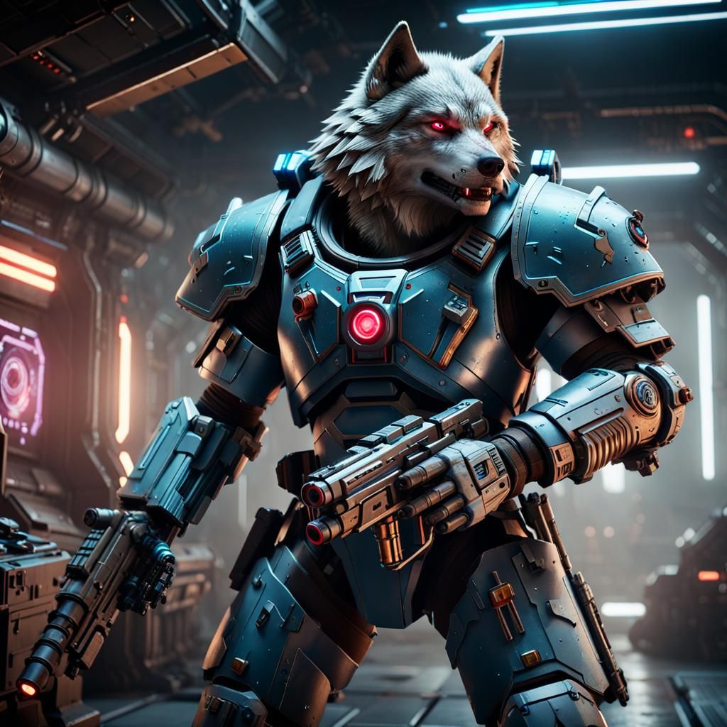 Cyberpunk Space Wolf with Laser Gun in 3D