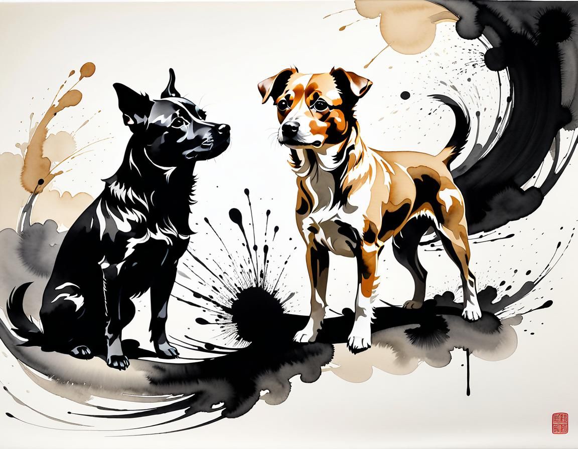 Minimalist Chinese Ink Drawing of Abstract Dogs