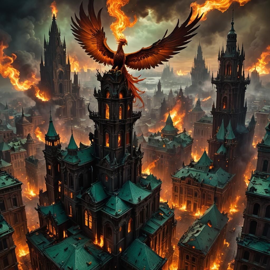 Dark and futuristic illustration of a phoenix on fire