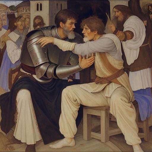 Old Man Admonishes Knight in Figurative Style