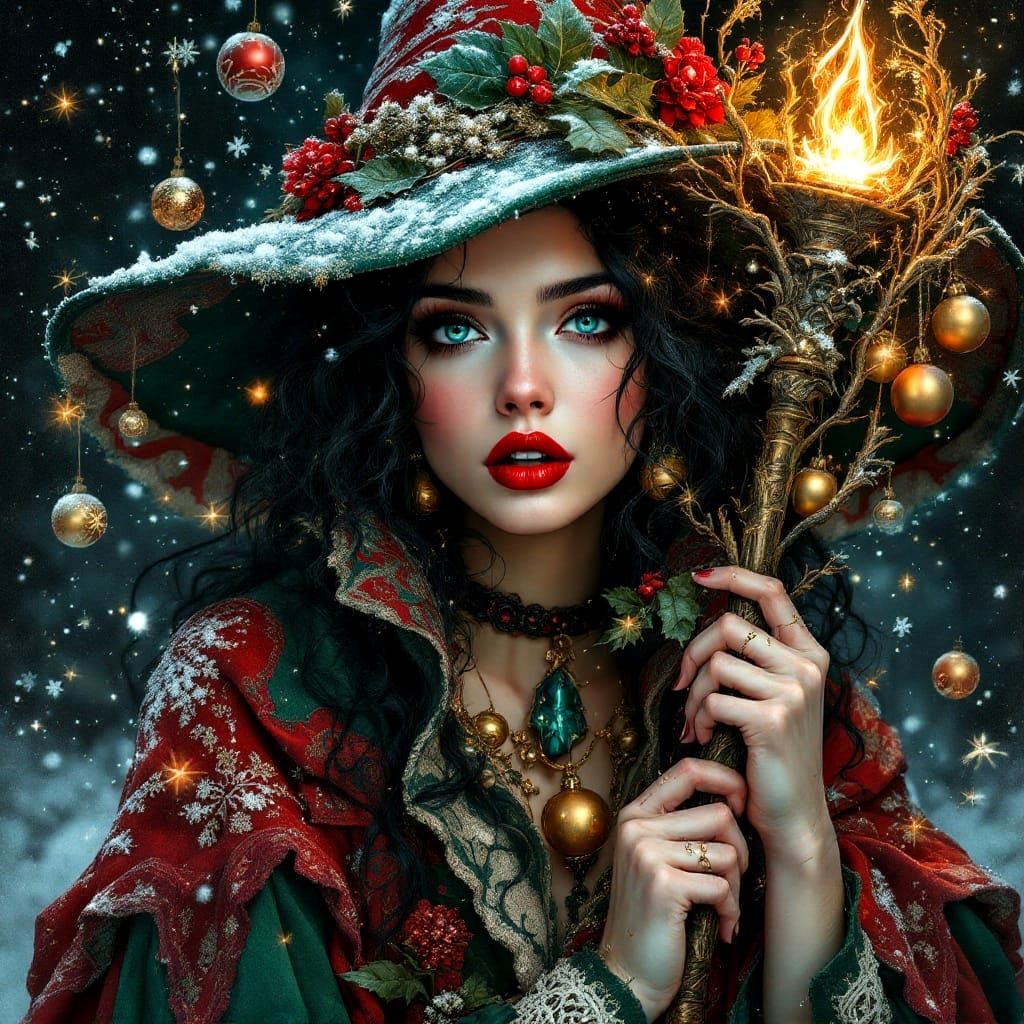 Surreal Christmas Witch in Hypermaximalist Style