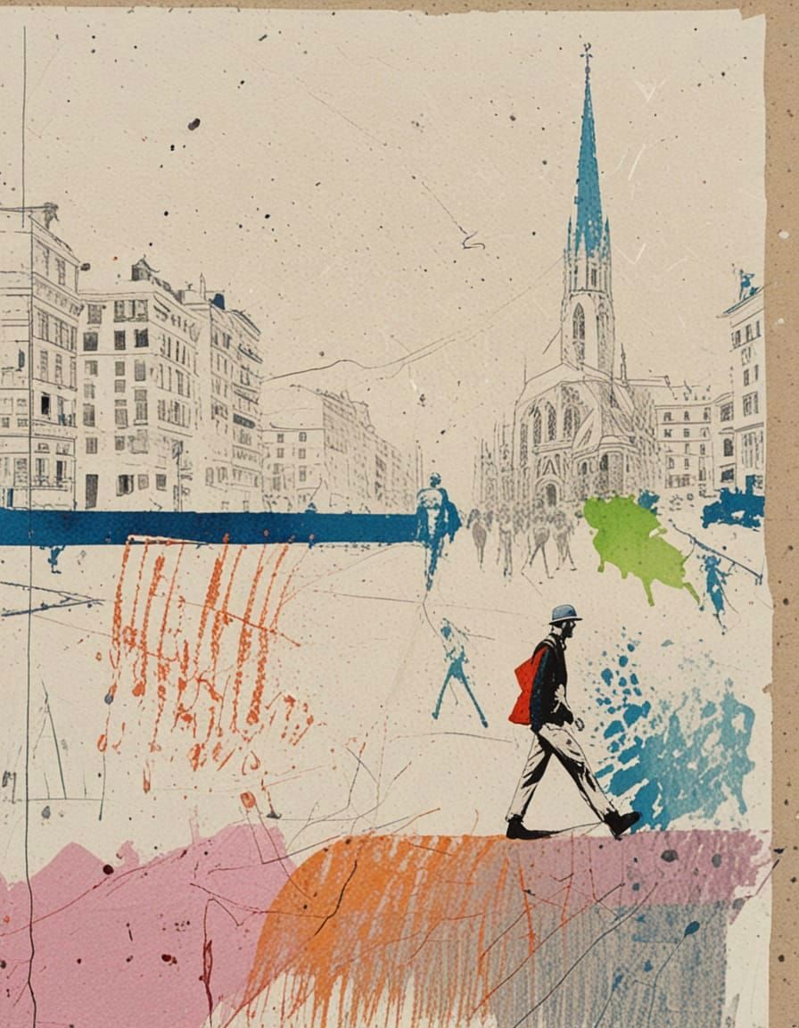 Dramatic Silkscreen Urban Sketch in Collage Style