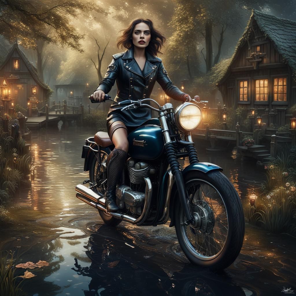 AI Hell's Angel on Triumph Bonneville, Detailed Matte Painti...