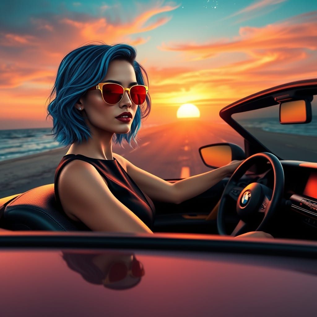 Elegant Woman Drives BMW in Sunrise Landscape