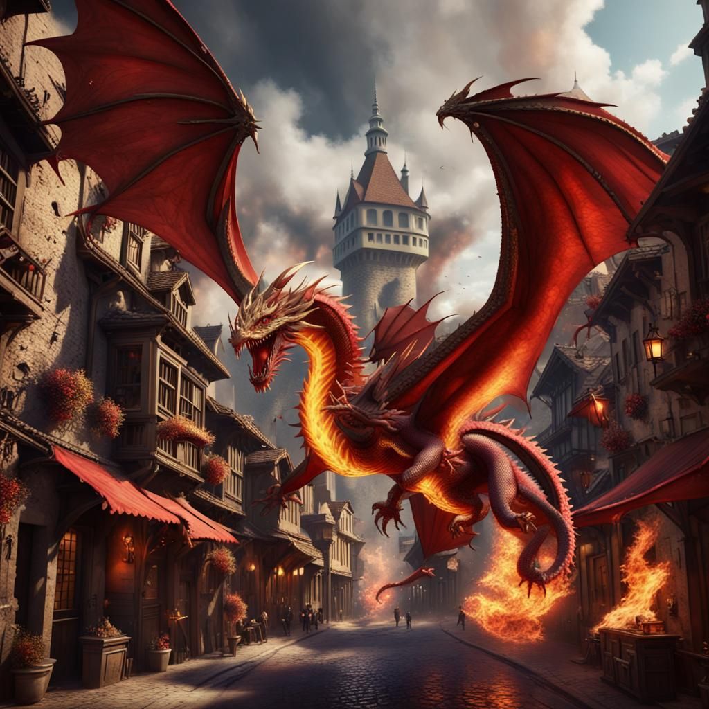 Red Dragon Breathing Fire on Old Town