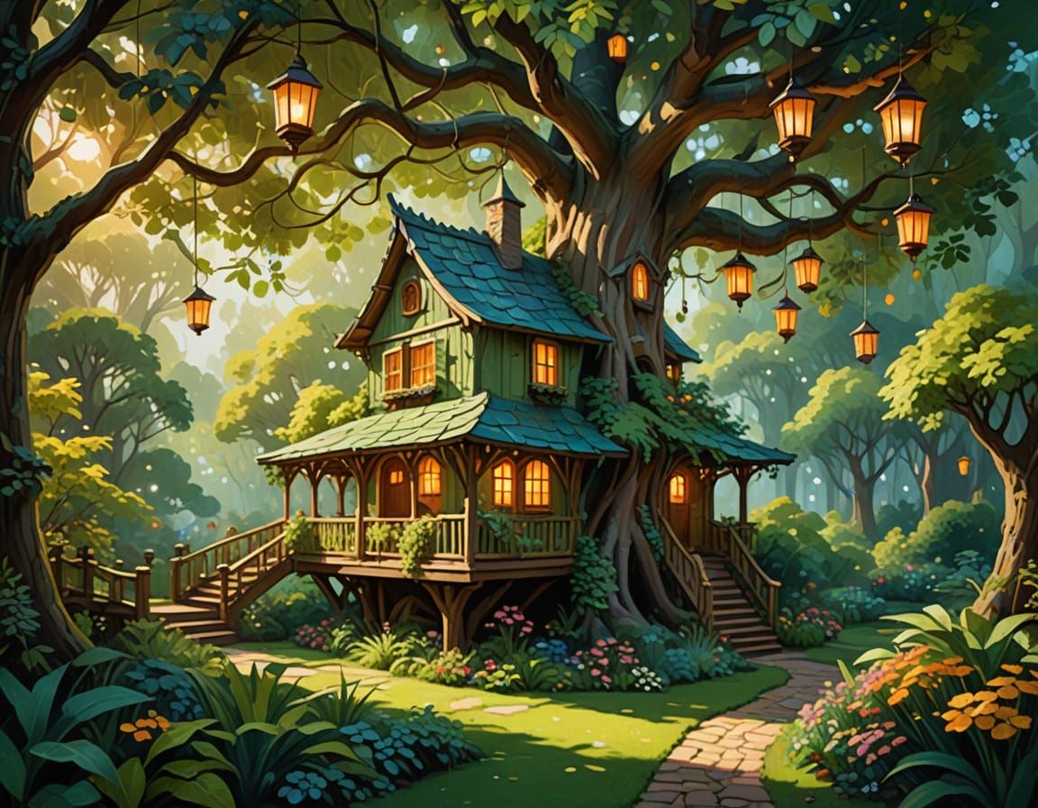 Whimsical Treehouse in Impressionist Style