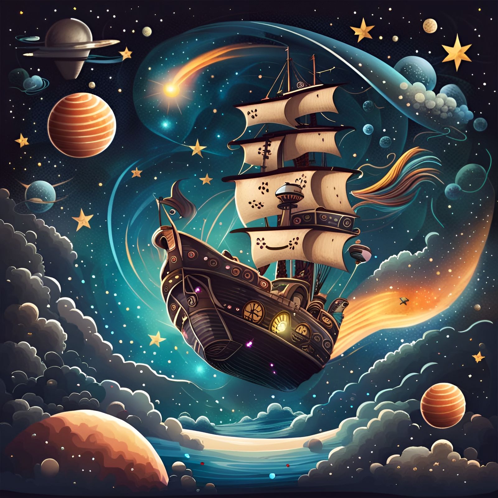 Whimsical Space Pirate Ship Soaring Through the Stars