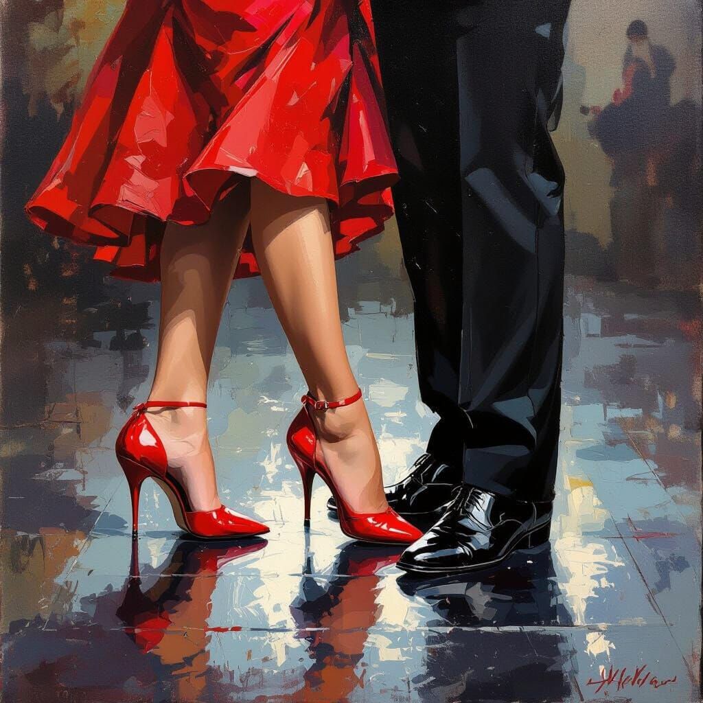 Impressionist Tango Shoes on Dance Floor, Gouache Style