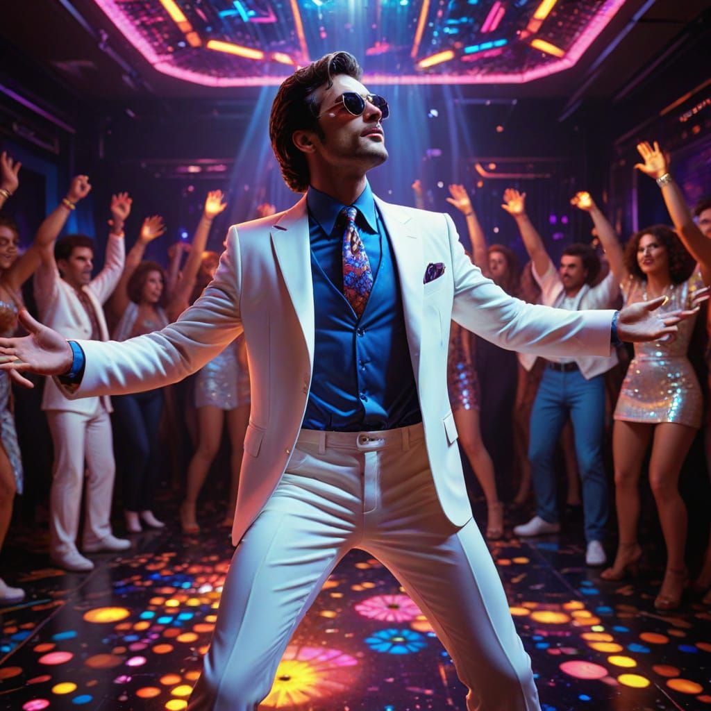 Disco Era Dance Scene in Retro-Futuristic Style