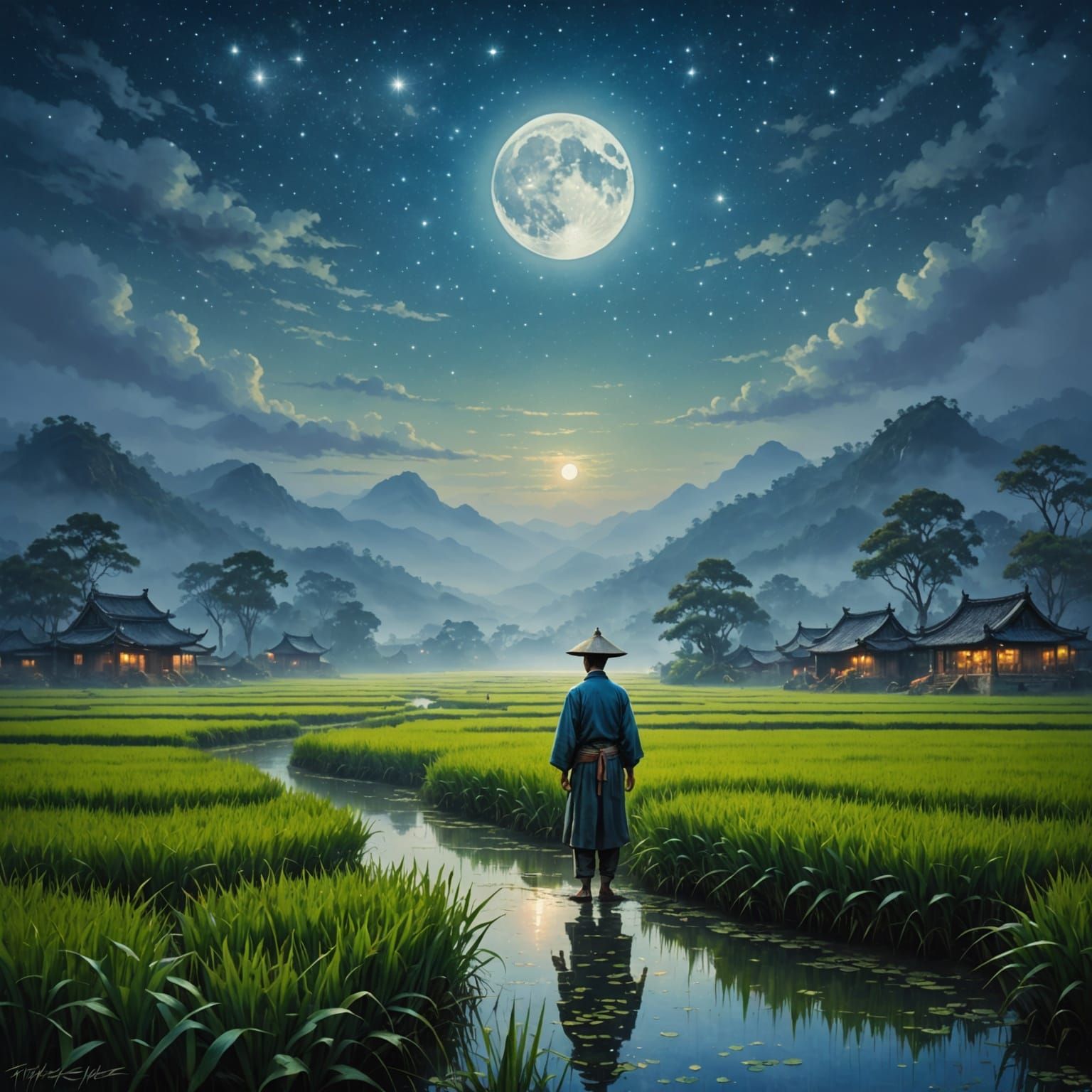a chinese man in a rice paddy field , starry night with moon