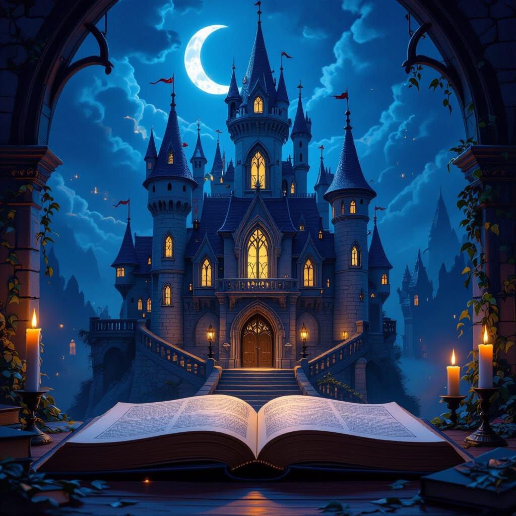 Mystical Castle Emerges from Enchanted Book, Fantasy Art