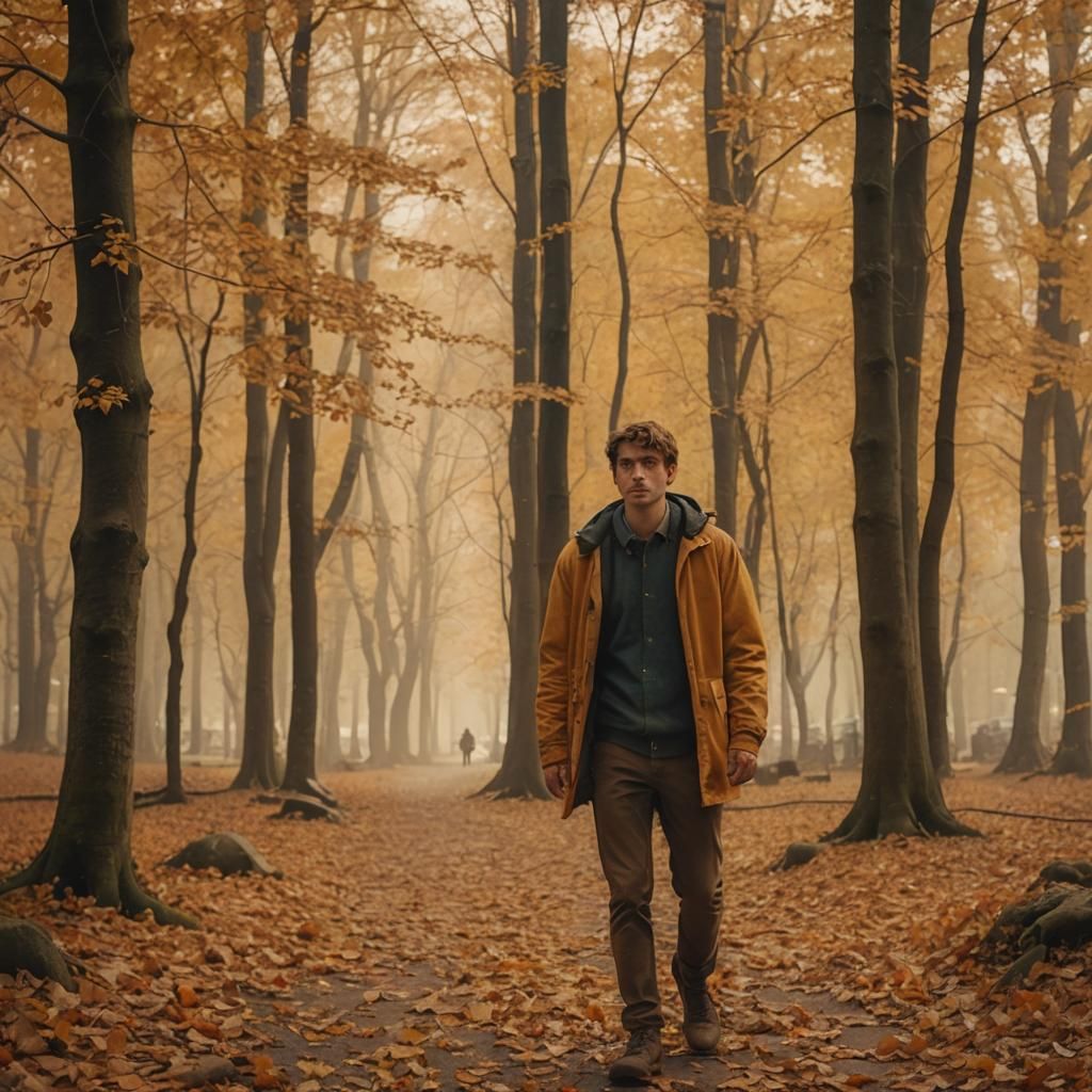 Contemplative Man Walks in Autumn Scenery