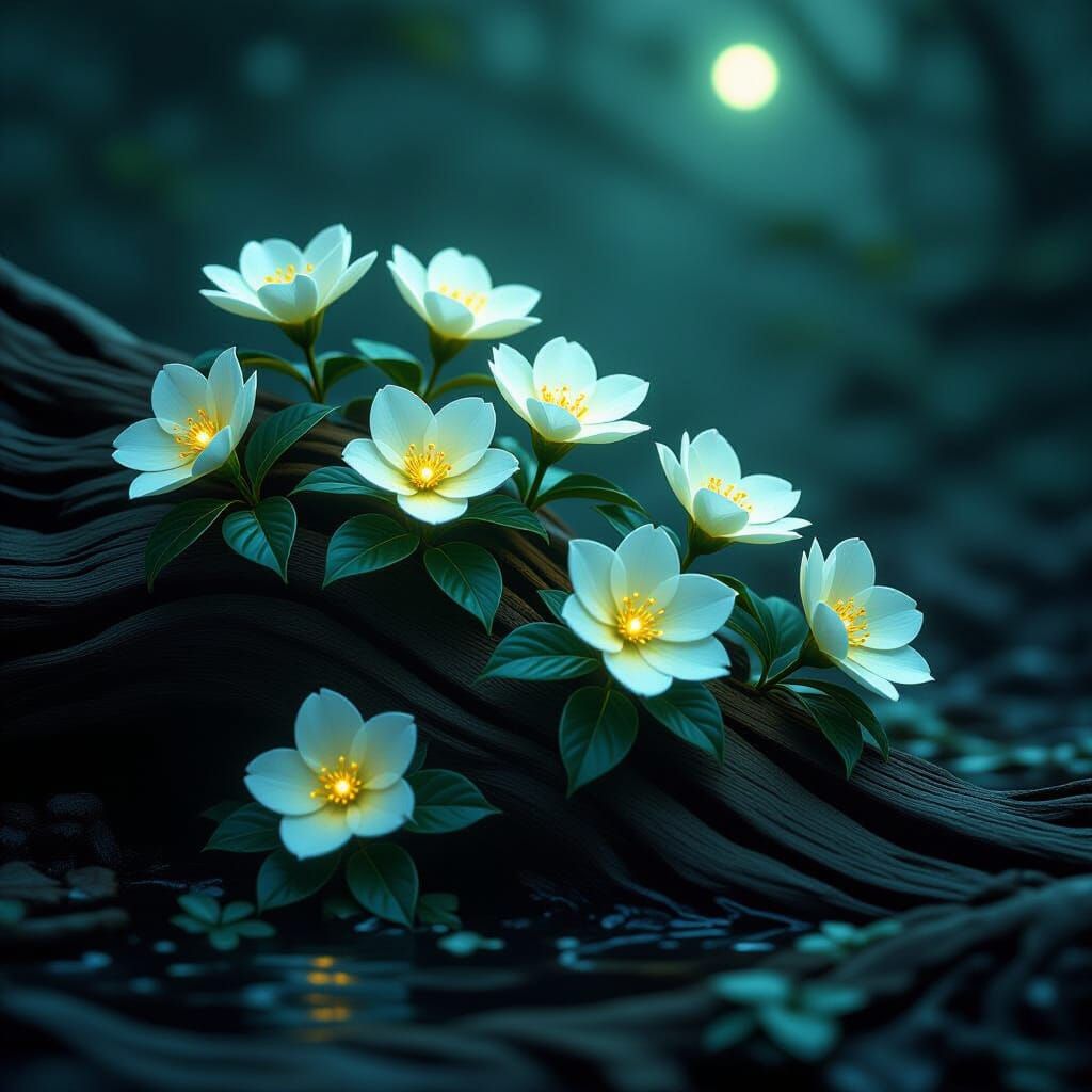 Mireblossoms Glow Green in Dark Fantasy Moonlight