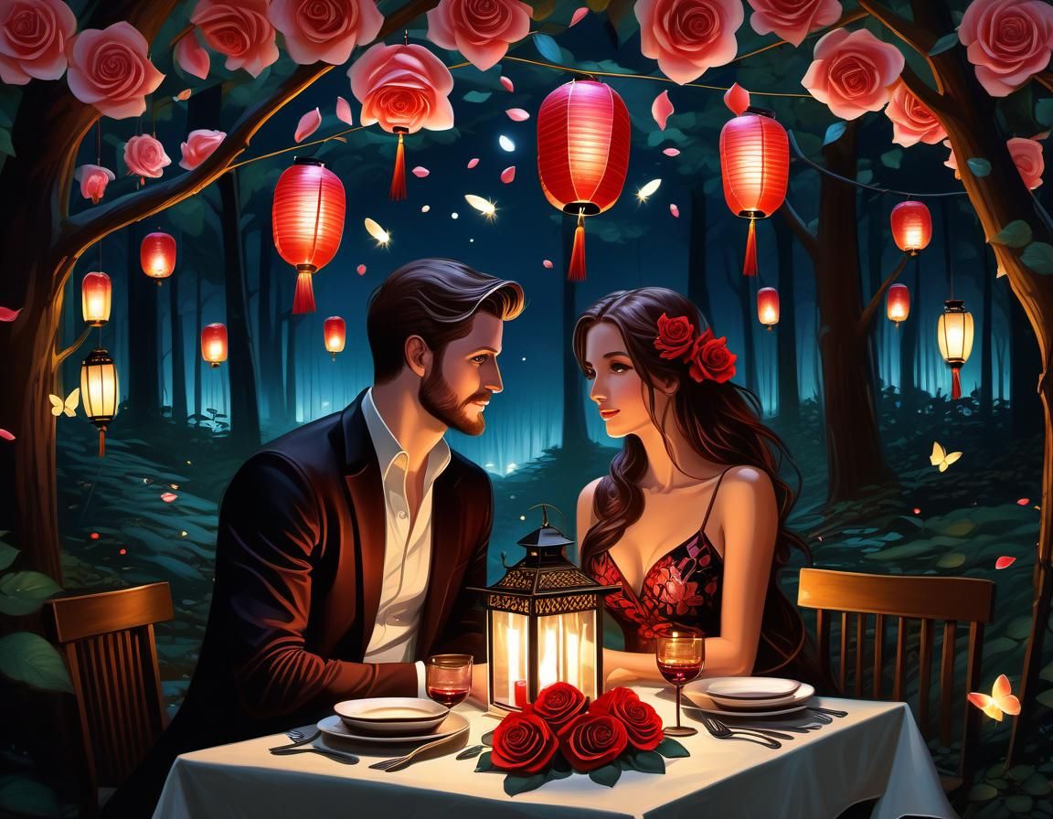 Romantic Couple's Enchanted Forest Dinner, Digital Art