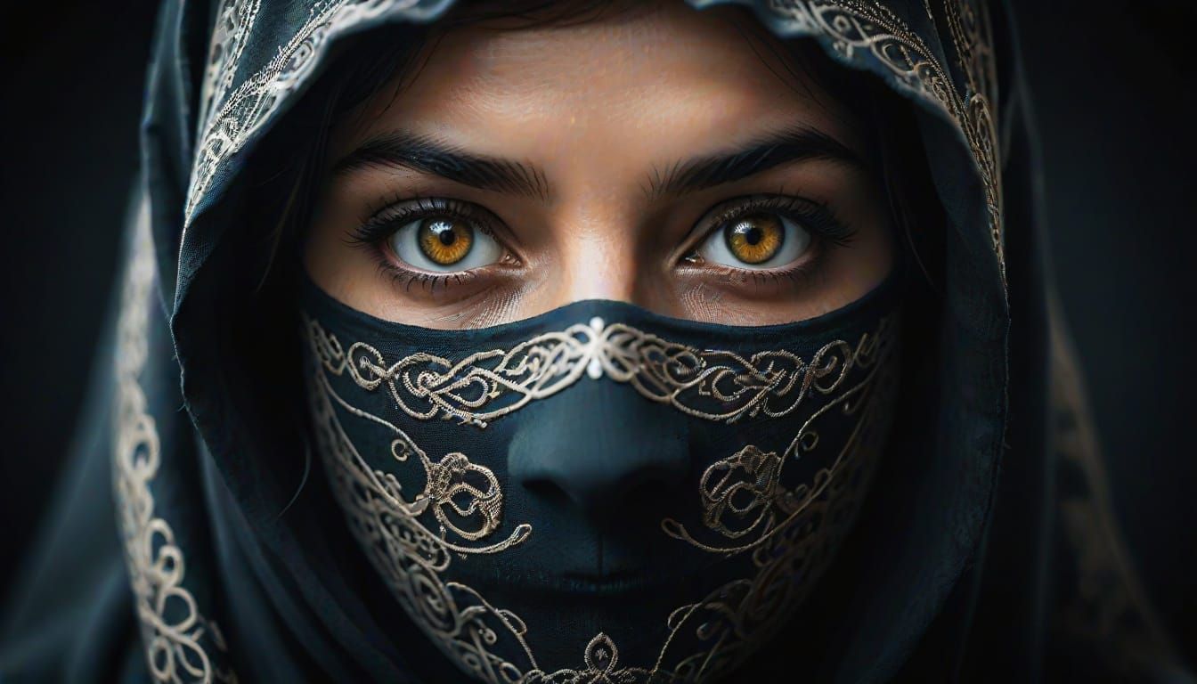 Strong Woman's Intense Gaze from Behind Decorated Niqab