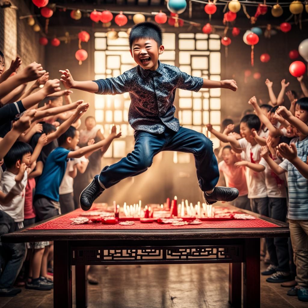 Joyful Chinese Boy's Celebration in Hyperrealistic Detail