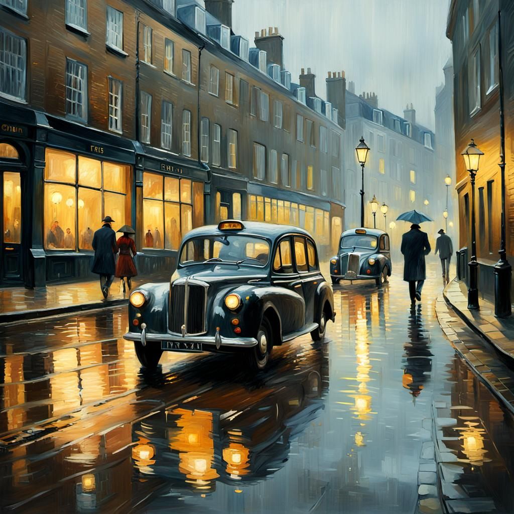 London Taxi Rainy Evening in Impressionistic Style