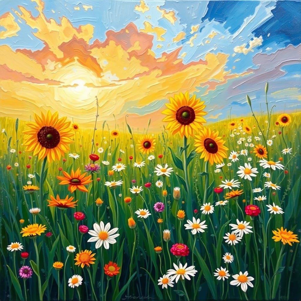 Blooming Wildflower Meadow in Neo-Impressionist Style