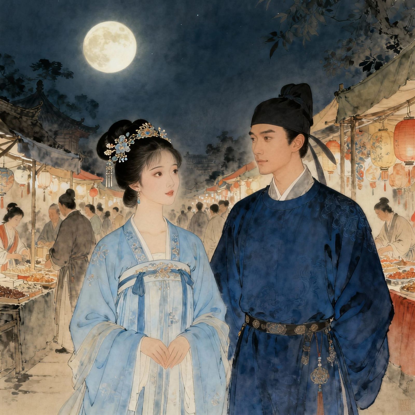 Tang Dynasty Couple in Bustling Night Market