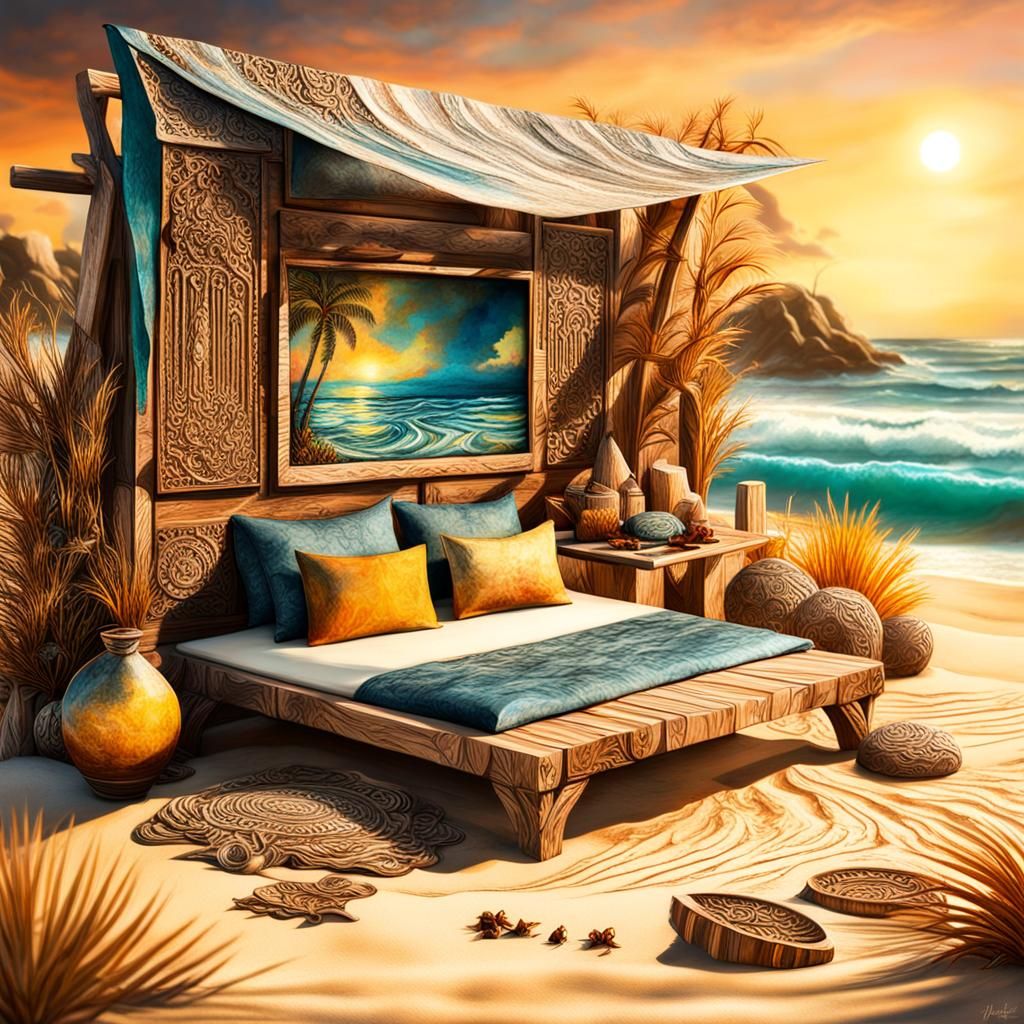 Textured Sunrise Beach Scene in Detailed Matte Painting