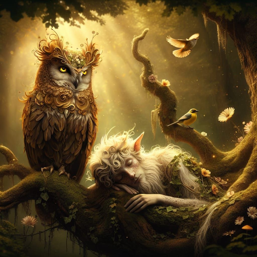 Majestic Owl Watches over Slumbering Satyr in Whimsical Fore...