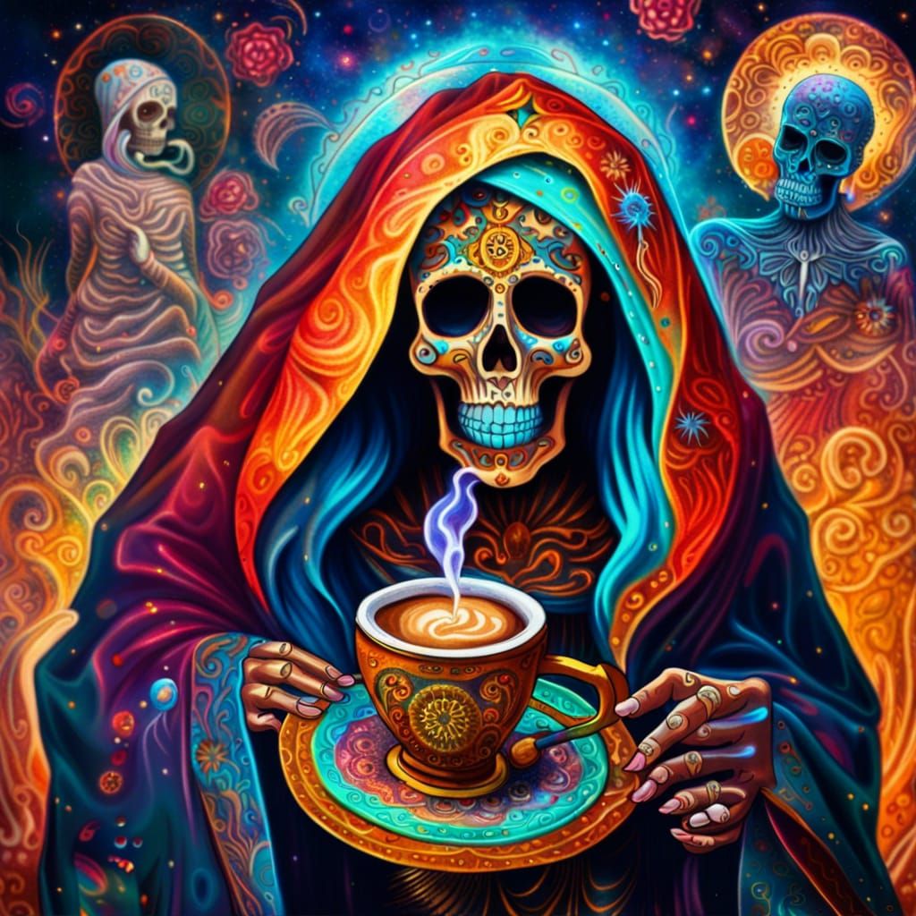 Santa Muerte's Coffee: Holographic Cosmic Illustration