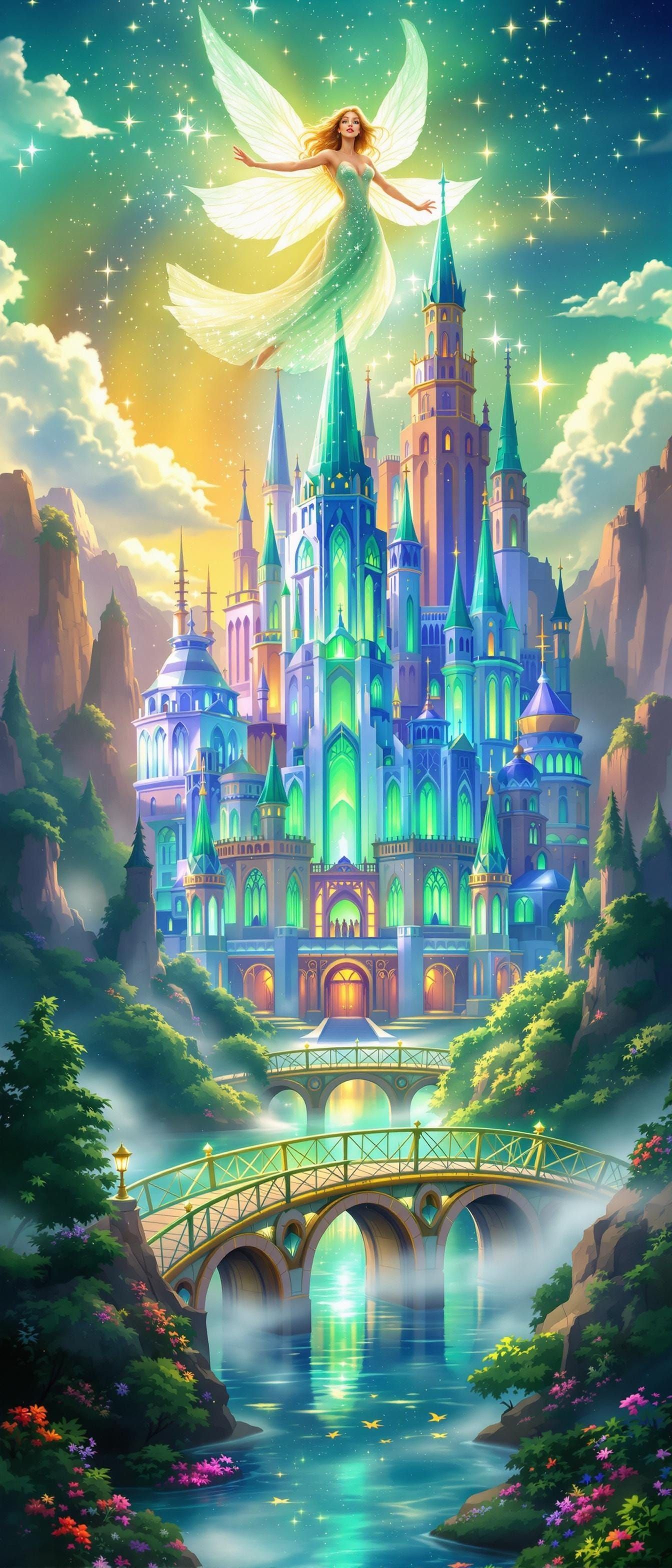 Whimsical Emerald City Dreamscape in Vibrant Emerald Green