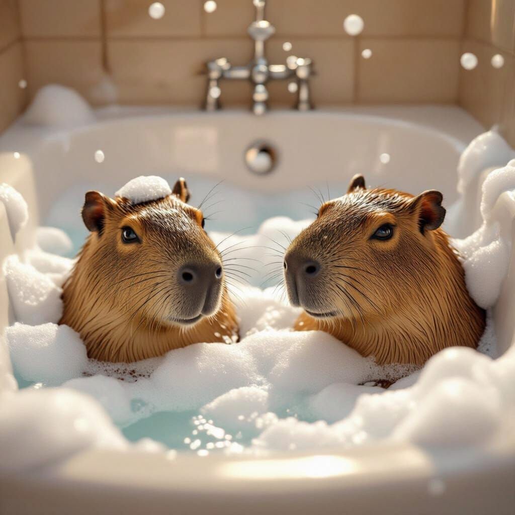 Adorable Capybaras Relaxing in Overflowing Bubble Bath