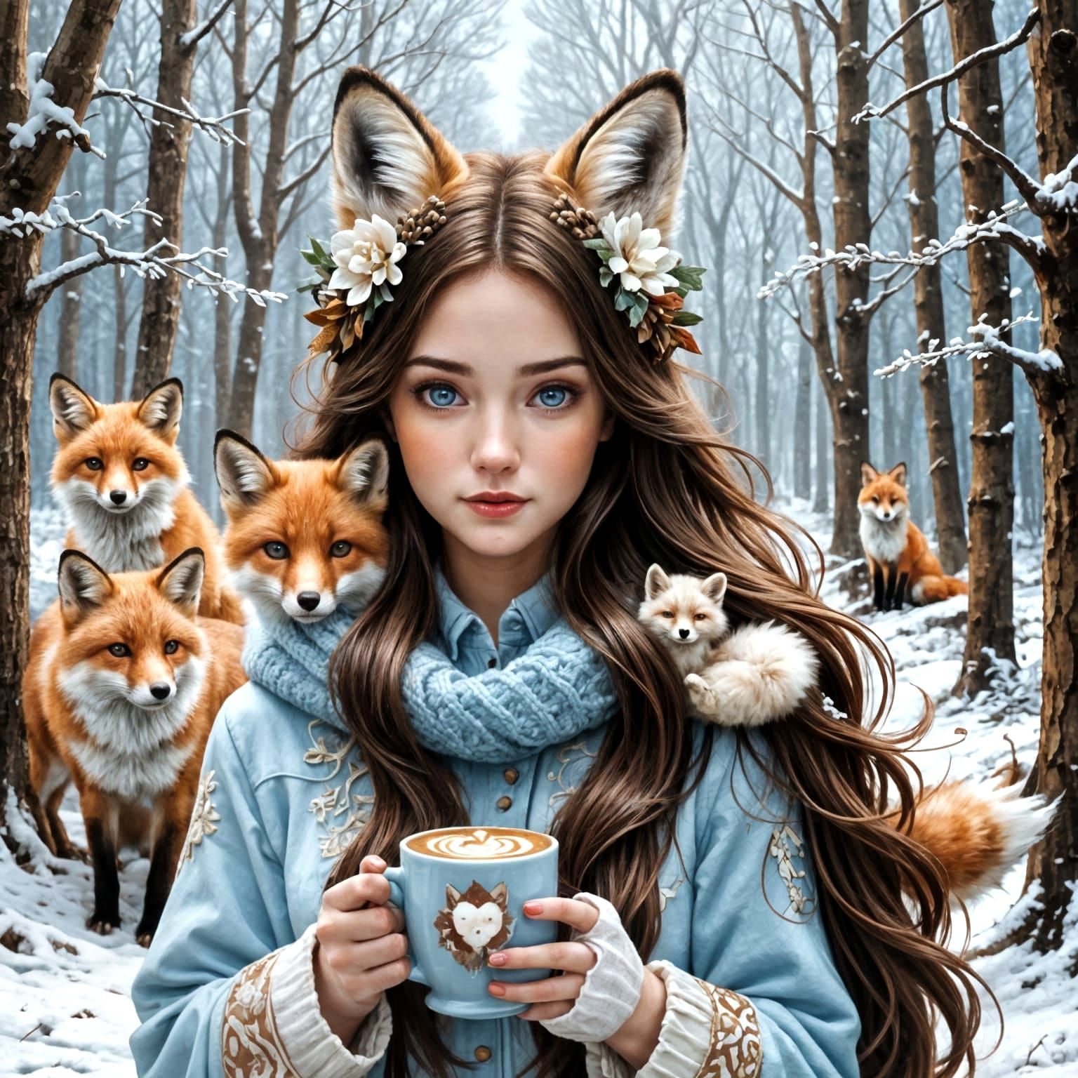 Winter Fox Girl with Foxes