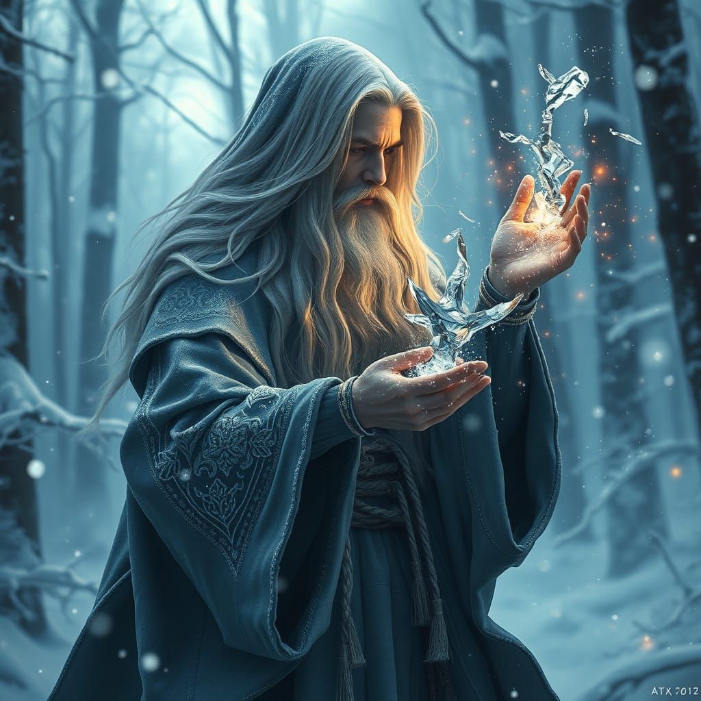 Ethereal Wizard Lost in Snowy Forest Conjuring Magic with Ic...