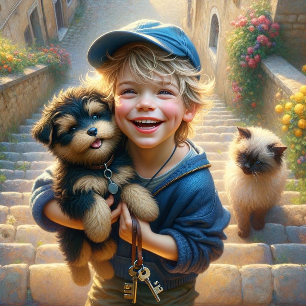Boy with Pets in Italian Village as Impasto Painting