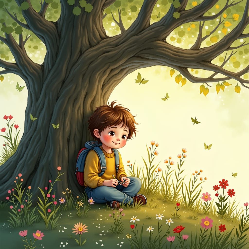 Child Builds Miniature World in Watercolor Illustration Styl...