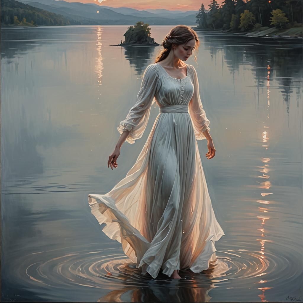 Ethereal Lady by Lake Under Blood Moon: Oil Painting