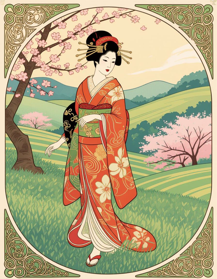 Art Nouveau Geisha in Japanese Landscape