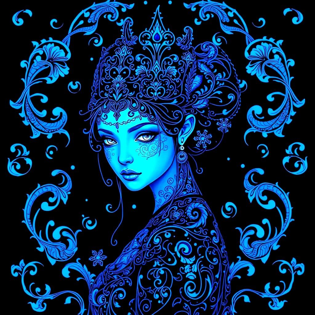 Ethereal Bioluminescent Maiden with Blue Filigree, Digital A...