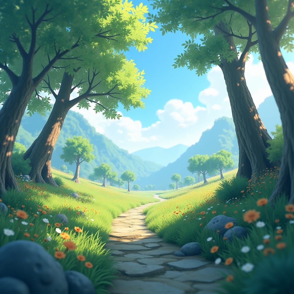 Serene Landscape in 3D Anime Style