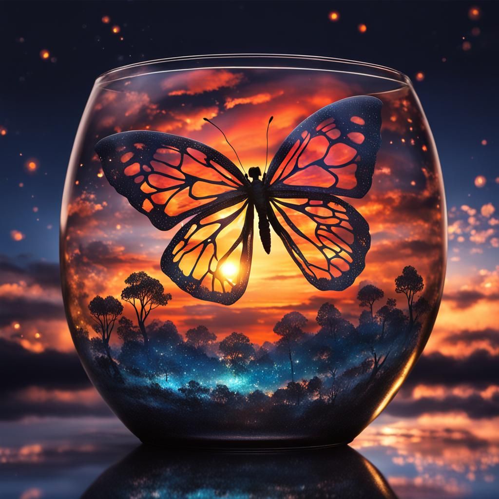 Glass Butterfly in Night Sky at Sunset