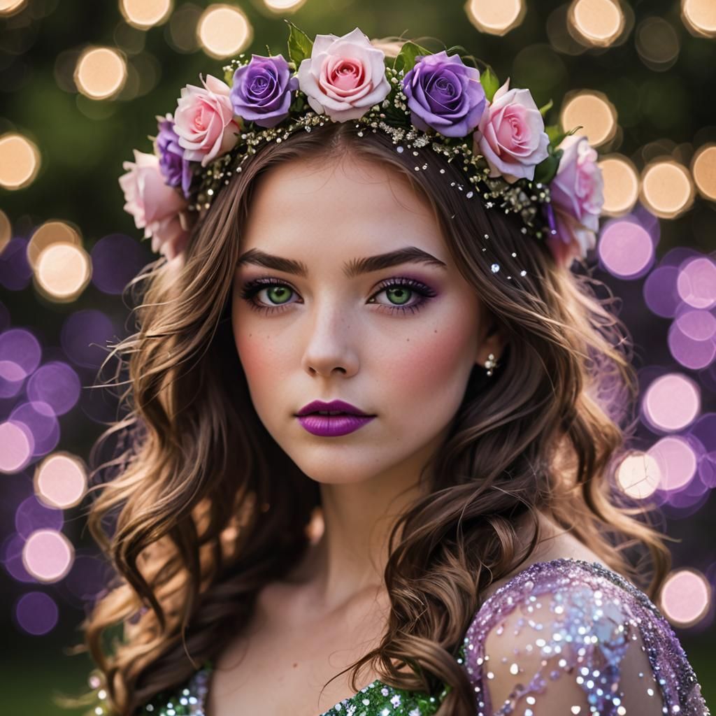 Portrait with Starry Field, Rose Halo, and Bokeh