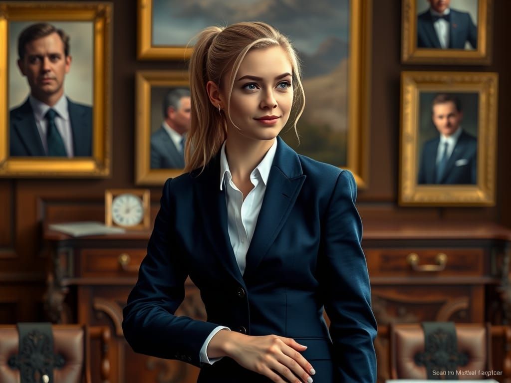 Blonde Woman in Blue Suit, Hyperrealistic Style