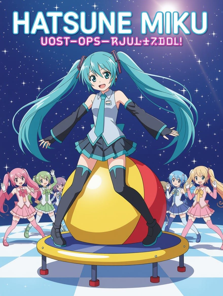 Vocaloid Idol Bounces on a Bouncy Ball in a Whimsical Scene