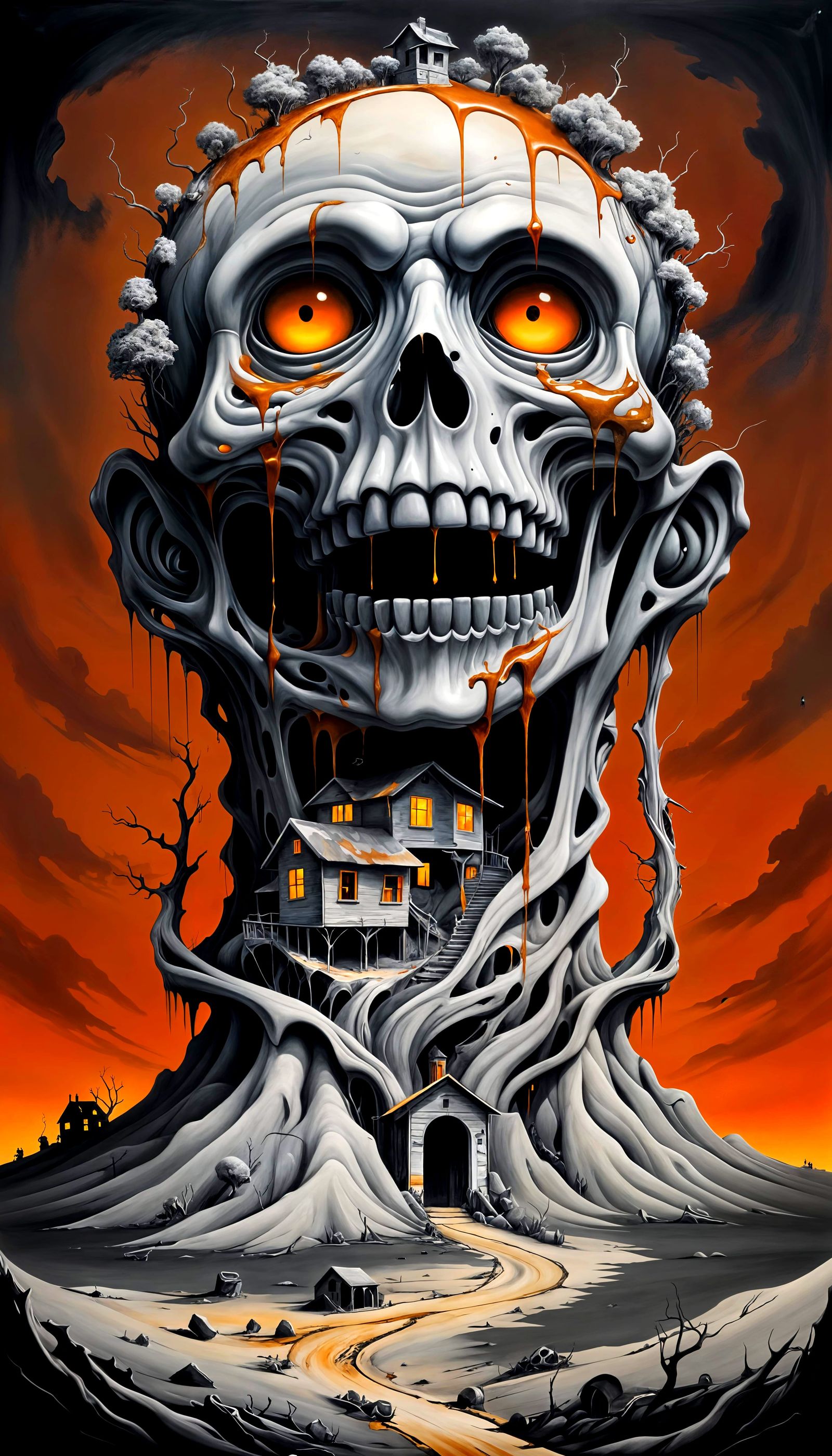 Haunting Surrealist Landscape with Creepy House