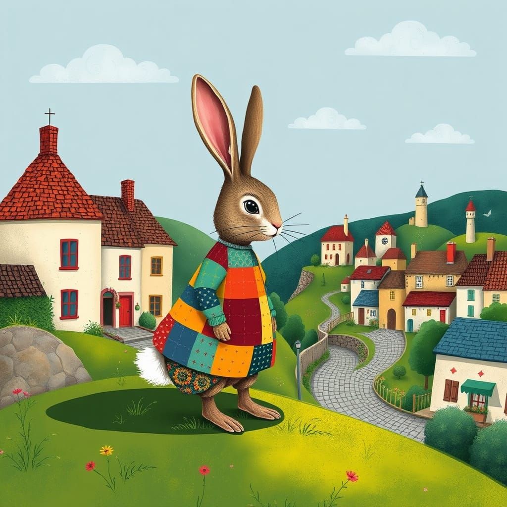 Whimsical Rabbit Overlooking French Village in Naive Folk Ar...