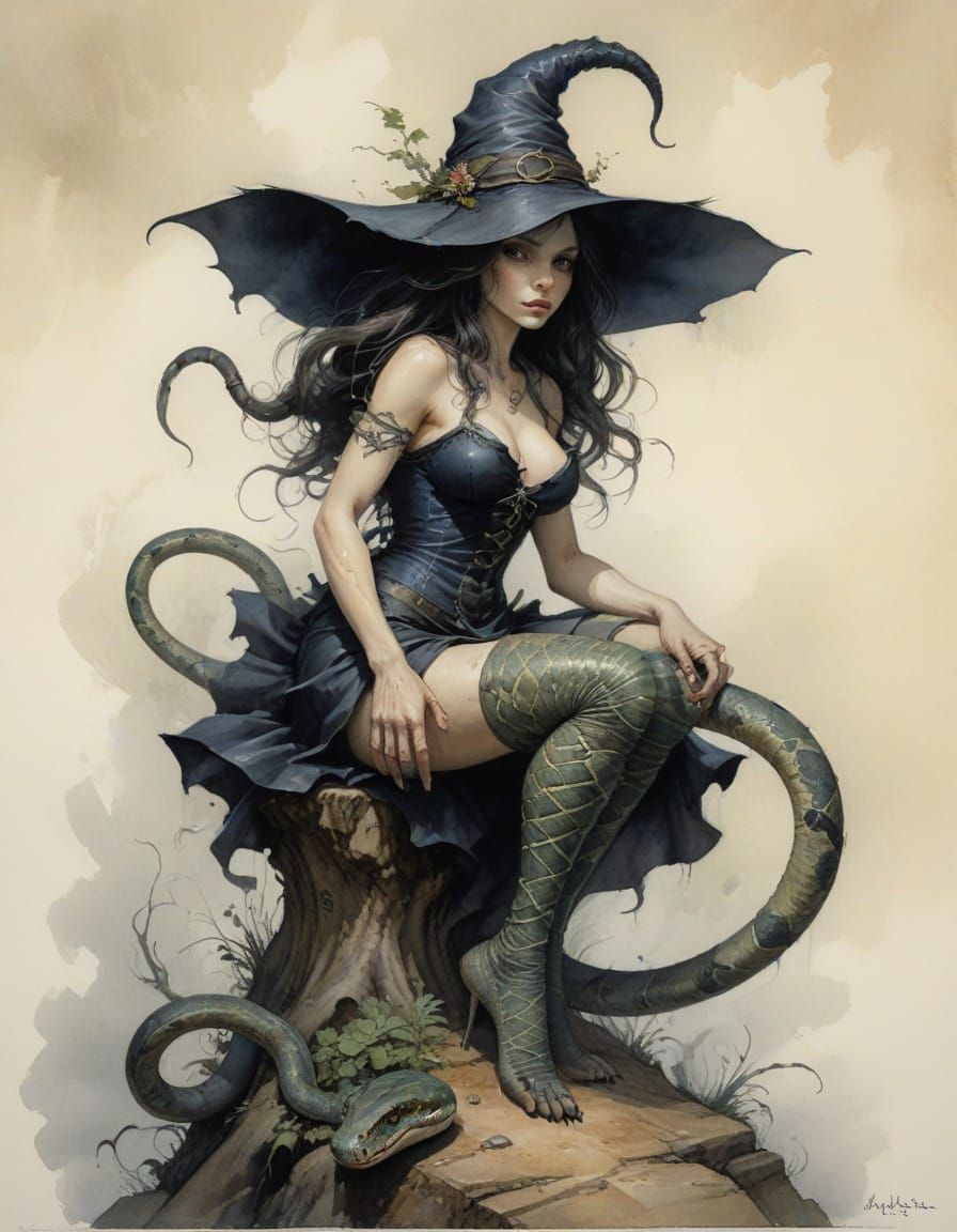 Fantasy Witch with Snake Lower Body in Watercolor Style