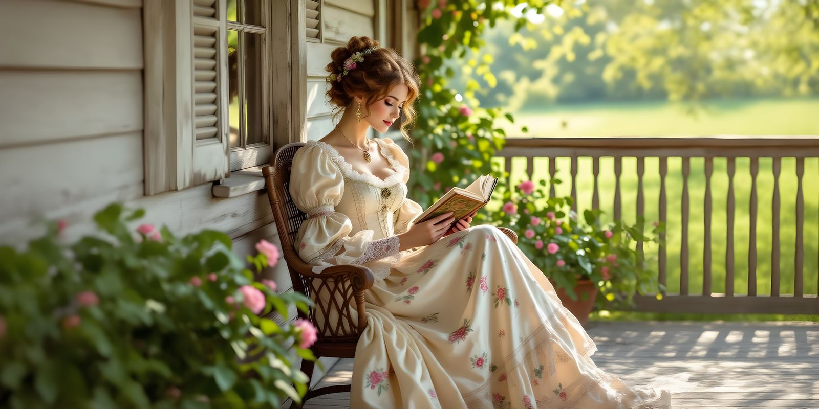 Victorian Lady Reading on Sunny Porch