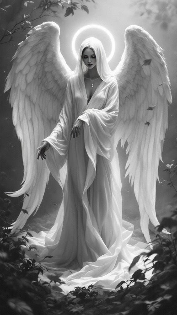 Angelic Figure with Wings in Surreal Black and White